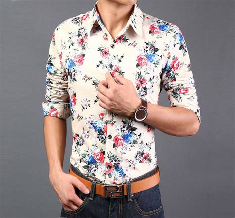 2015 Floral Shirts Men Slim Fit 14 Types Printed Dress Shirt Long