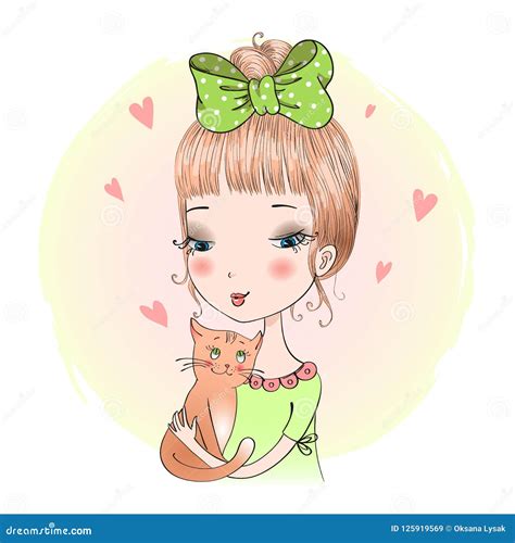 hand drawn beautiful cute little redhead girl with a cat stock vector illustration of