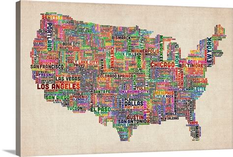 United States Cities Text Map Multicolor On Parchment Wall Art Canvas