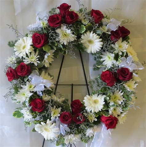 Sympathy Red Rose And White Flowers Funeral Wreath