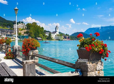 View Of St Wolfgang Waterfront With Wolfgangsee Lake Austria Stock