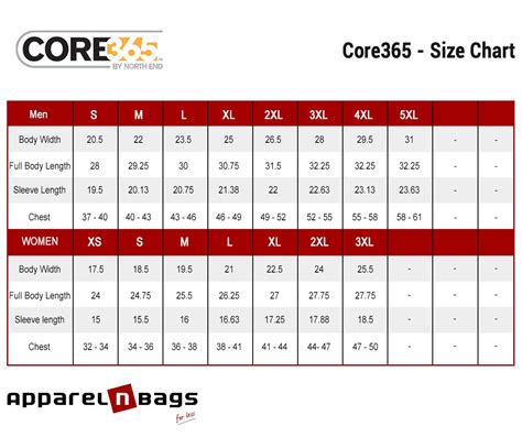 Core365 Size Chart