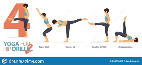 4 Yoga Poses Or Asana Posture For Workout In Hip Drills Concept Women