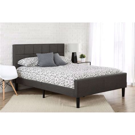 Full Size Dark Grey Upholstered Platform Bed With Headboard And