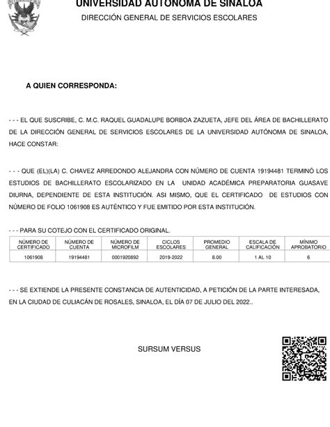 Carta De Autenticidad De Certificado De Bachillerato