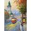 Colorful Autumn Cityscape Oil Painting Original Sunset Red Trolley 