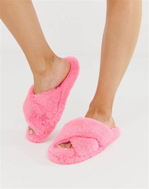 Asos Neve Cross Strap Fluffy Slider Slippers In Pink In Pink Lyst