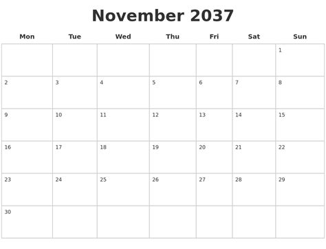 November 2037 Blank Calendar Pages