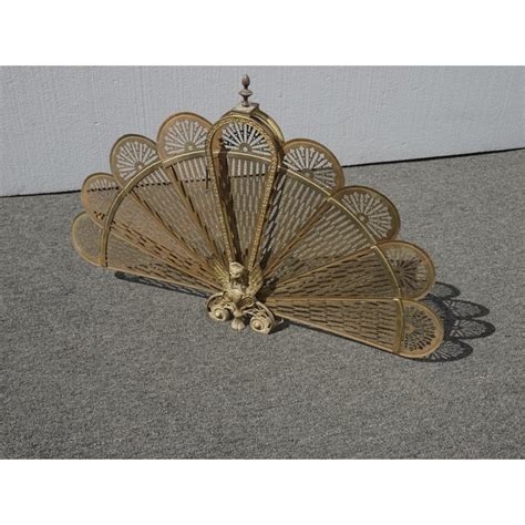 Vintage French Country Brass Peacock Folding Fan Fireplace Screen