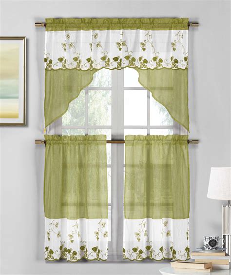 3 Piece Sage Green And White Sheer Window Curtain Set Strawberry Field