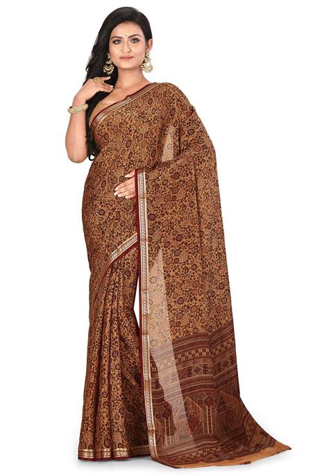 Pure Mysore Crepe Silk Printed Saree In Beige Utsav Fashion Fancy