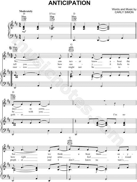 Carly Simon Anticipation Sheet Music In D Major Transposable