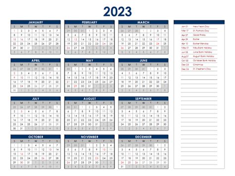 2023 Ireland Annual Calendar With Holidays Free Printable Templates