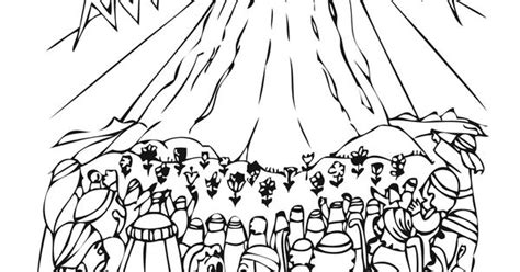 Coloring sheet. The Jews standing around Mount Sinai as they receive the 10 commandments