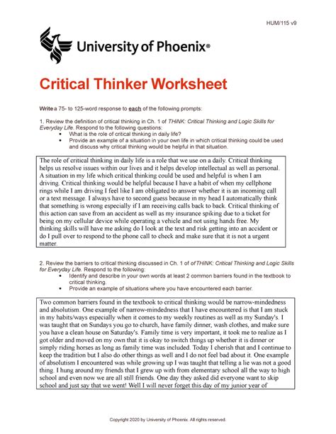 Hum115 V9 Wk1 Critical Thinker Worksheet Hum115 V Critical Thinker
