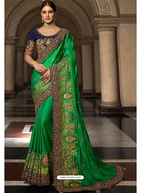 Forest Green Soft Silk Embroidered Designer Wedding Saree Fancy Sarees Saree Designs Party