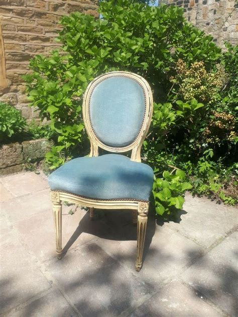 Antique Vintage French Bedroom Chair Upholstered Blue Fabric Etsy