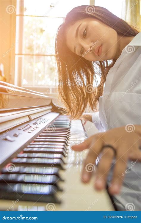 Beautiful Asian Woman Playing Piano Stock Photo Image Of Hobby