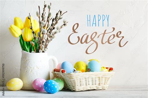 Happy Easter Congratulatory Easter Background Easter Eggs And Flowers