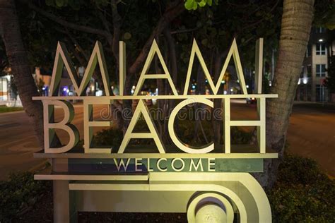 Miami Beach Night Sign Miami Beach Welcome Sign Florida Stock Image