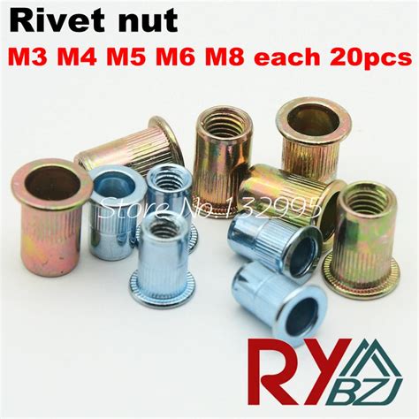 M3 M4 M5 M6 M8 Each 20pcs Rivet Nut Kits Carbon Steel Flat Head Rivet Nut Blind Insert Nut In
