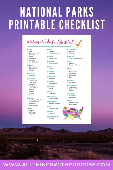 National Parks List Printable