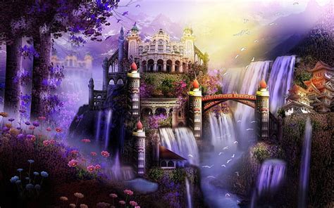 Fantasy Castle Waterfall Flowers Bridge Birds Tree Hd Wallpaper