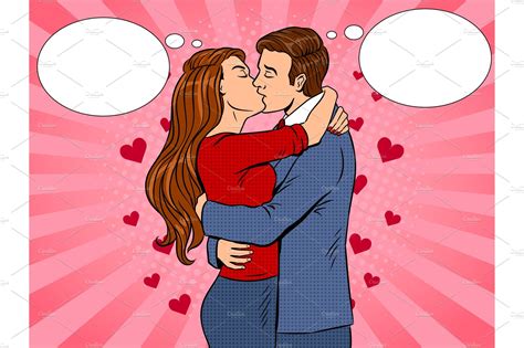 Kissing Couple Pop Art Vector Illustration Decorative Illustrations