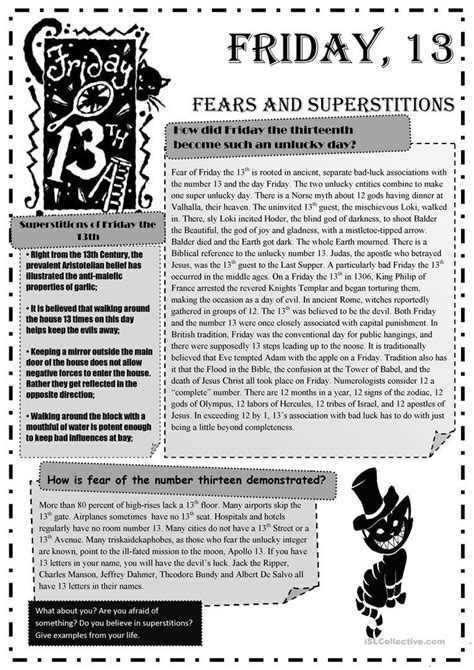 Friday 13th Fears And Superstitions Worksheet Free Esl Printable