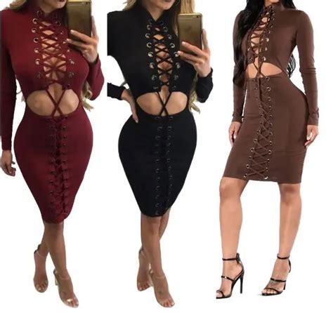Starlist Woman Hot And Sexy Long Sleeve Midriff Baring Dress Night Club Rivet Hollow Out Ties