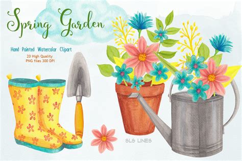 Spring Gardening Watercolor Clipart By Sls Lines Thehungryjpeg