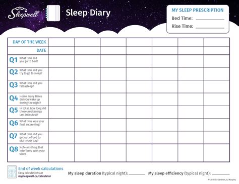 Free Printable Sleep Diary Worksheet
