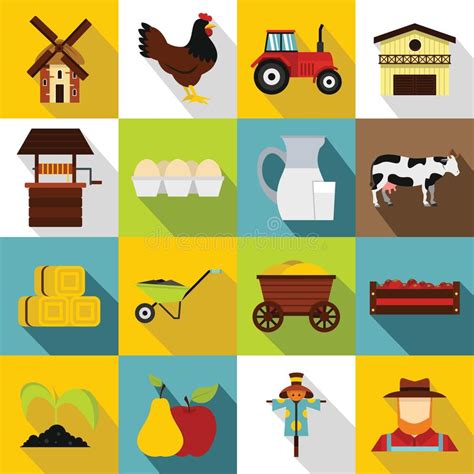 Farm Icons Set Flat Style Stock Illustration Illustration Of Field