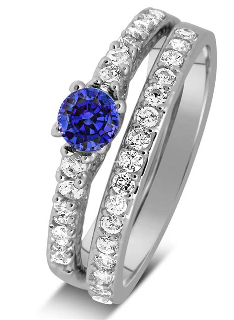 Carat Vintage Round Cut Blue Sapphire And Diamond Wedding Ring Set