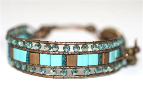 3 Row Turquoise And Gold Tila Beaded Handmade Leather Cuff Etsy