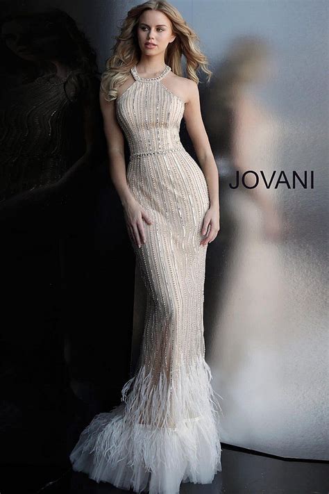 Jovani 65861 Champagne Long Feather Embellished Prom D