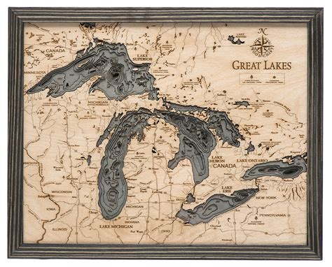 Great Lakes Wood Carved Topographical Depth Chart Map Lake Art