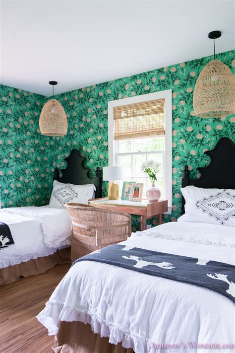 Add warmth and softness with textured wallcoverings. Our Green Poppies Wallpaper Cabin Guest Bedroom Reveal!