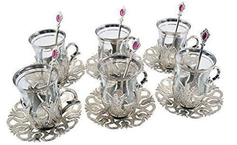 Set Of 6 Turkish Style Tea Glasses With Brass Holder Saucer And Spoons