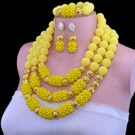 Luxury 3 Layers Solid Yellow Nigerian Wedding African Beads Jewelry Set