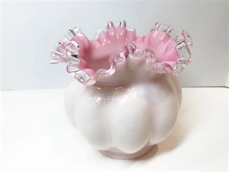 Vintage Fenton Pink And White Ruffled Edged Milk Glass Rose Bowl Mid Century Silver Crest Pink