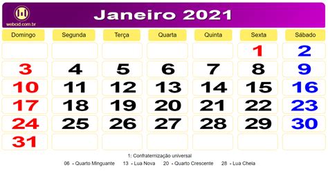 Calendário de feriados 2021, com feriados nacionais. Calendário de janeiro de 2021 com feriados nacionais fases ...
