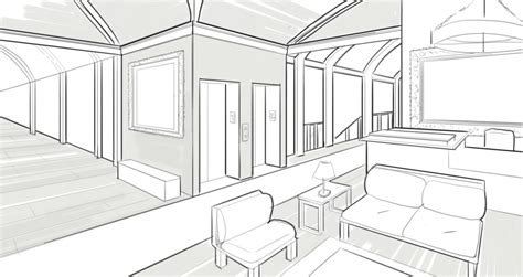 Living Room One Point Perspective Drawing Perspective Room Interior