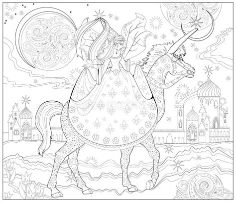 Fantasy Fairy Riding The Unicorn In Fairyland Kingdom Coloring Book