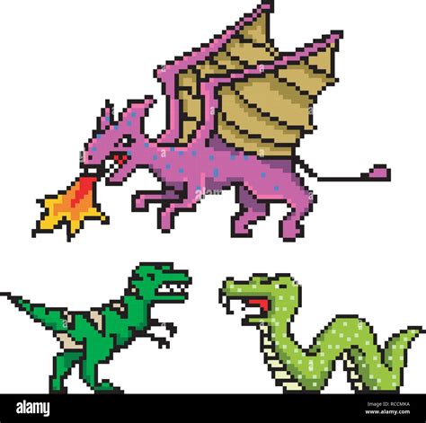 Pixel Art 8 Bit Objects Dinosaur Snake Dragon Retro Game Assets Set