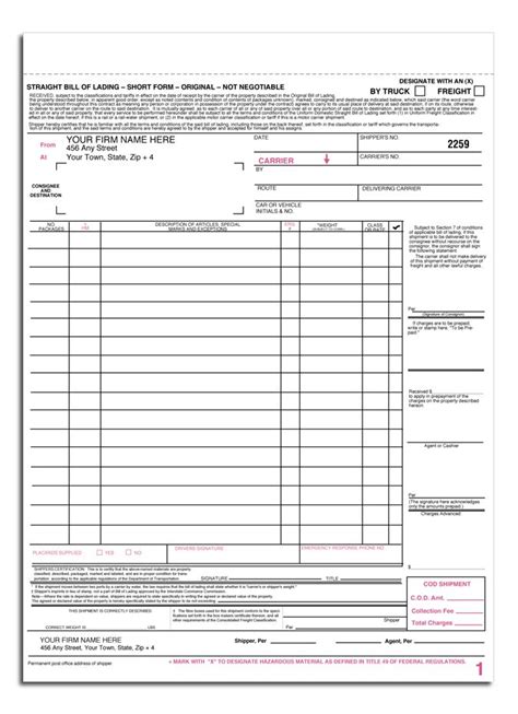 printable sample blank bill  lading form real estate