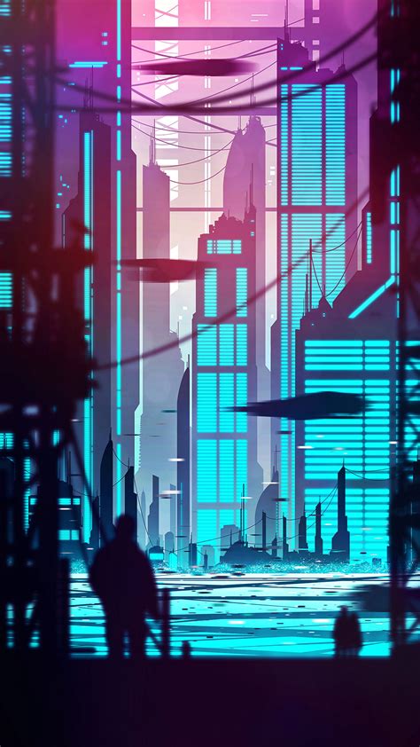 Mobile Wallpaper Cyberpunk Reflection Building Night City Street