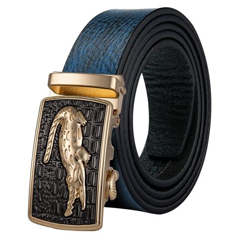 Hi Tie Mens Designer Blue Leather Belt Men Fashion Automatic Gold