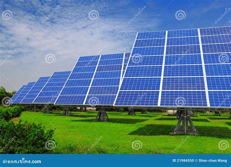 Solar Panel With Green Grass And Beautiful Blue Sk Stock Photo Image