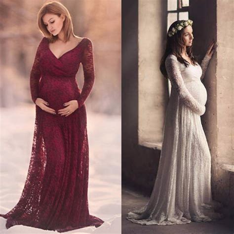 Puseky Lace Maternity Dress Photography Prop V Neck Long Sleeve Wedding